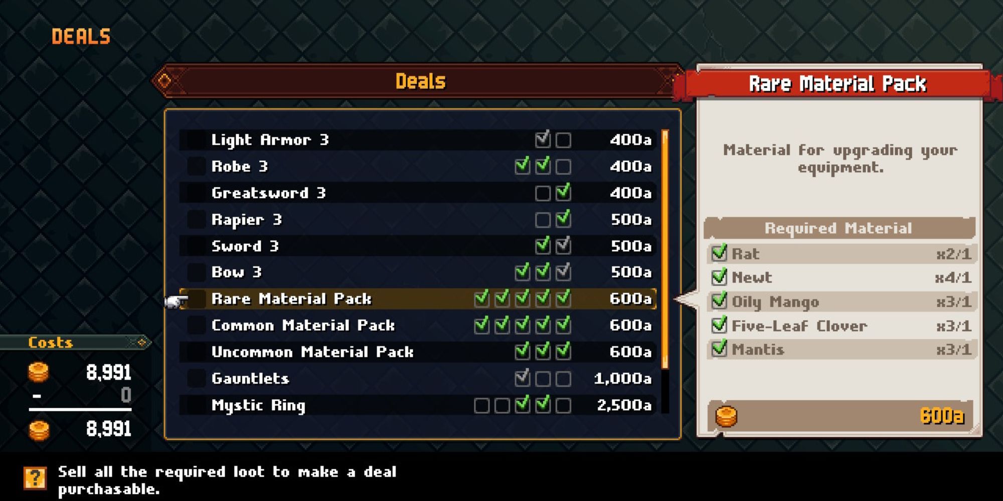 Chained Echoes Deals menu showing items available