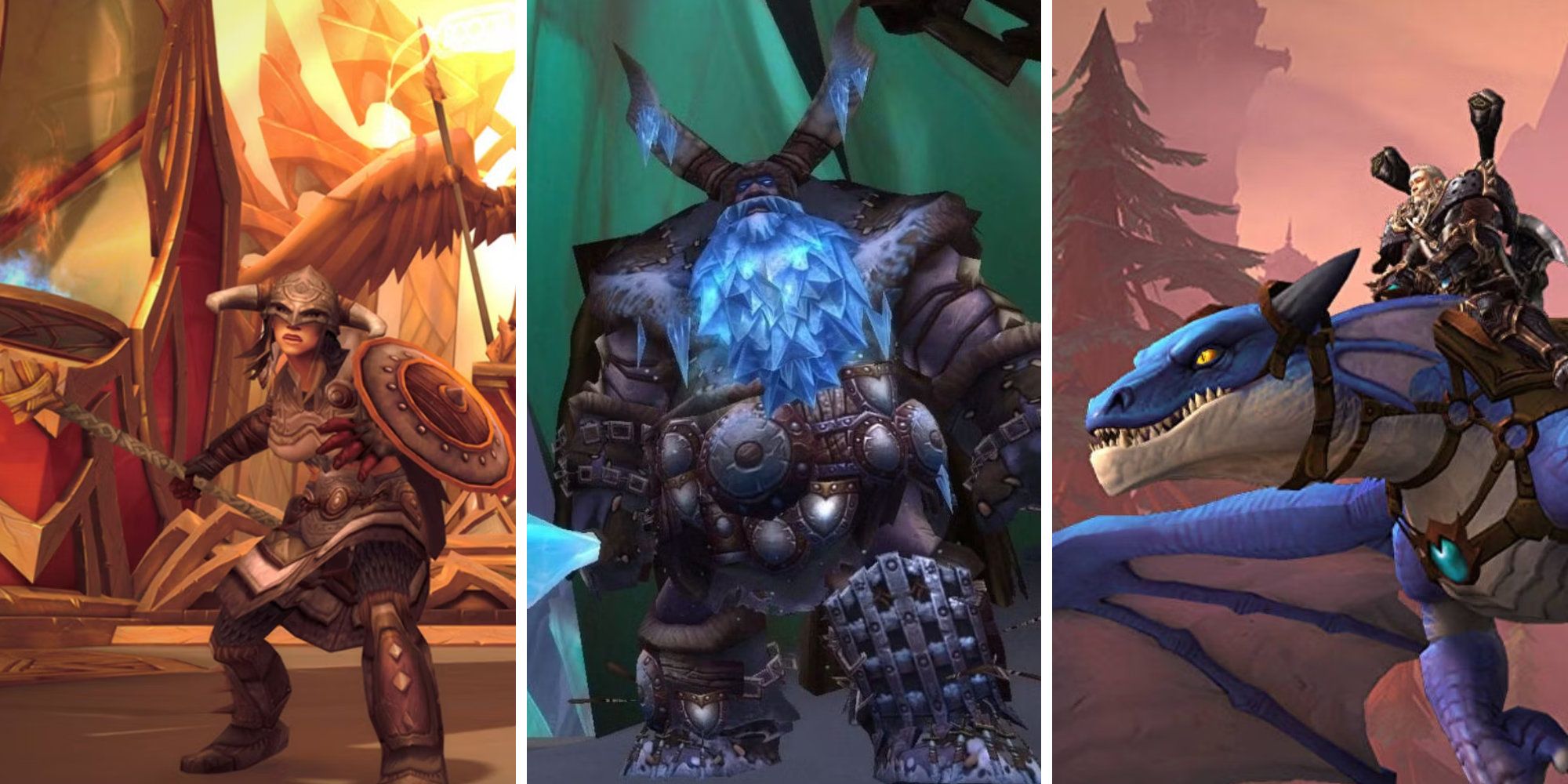 Split image of a warrior, a frost guy, and a man riding a dragon
