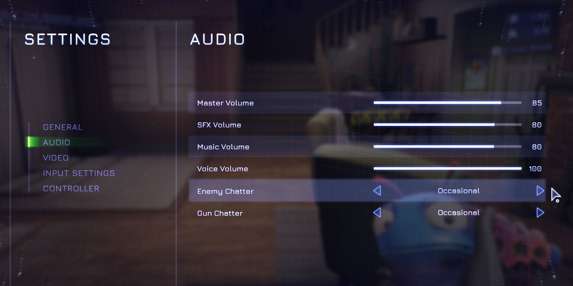 Adjusting the character chatter in the audio section of settings.