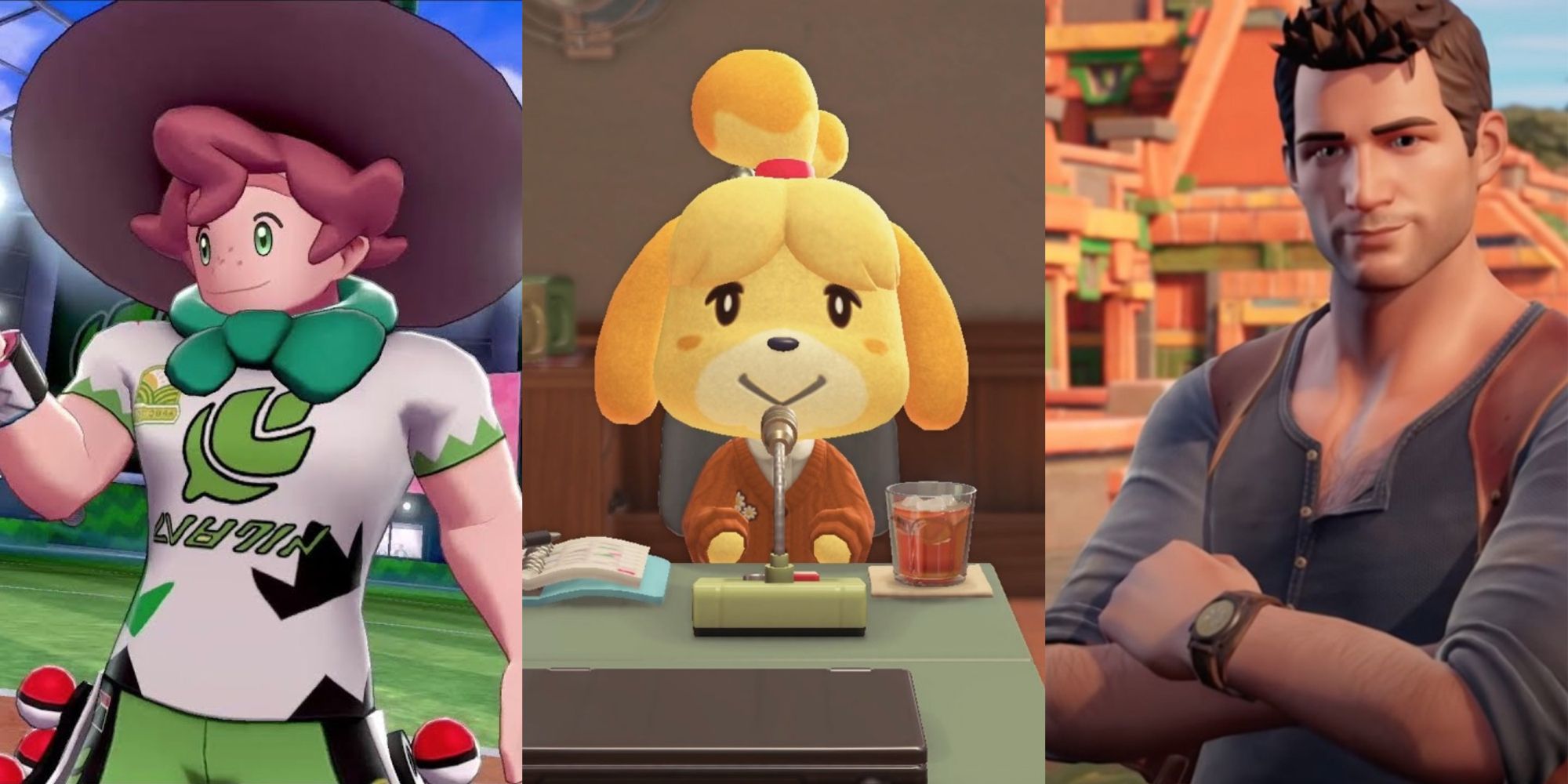 Pokemon Sword & Shield Milo in his Gym, Animal Crossing Isabelle at her desk in a sweater, Uncharted Nathan Drake in front of a temple in Fortnite