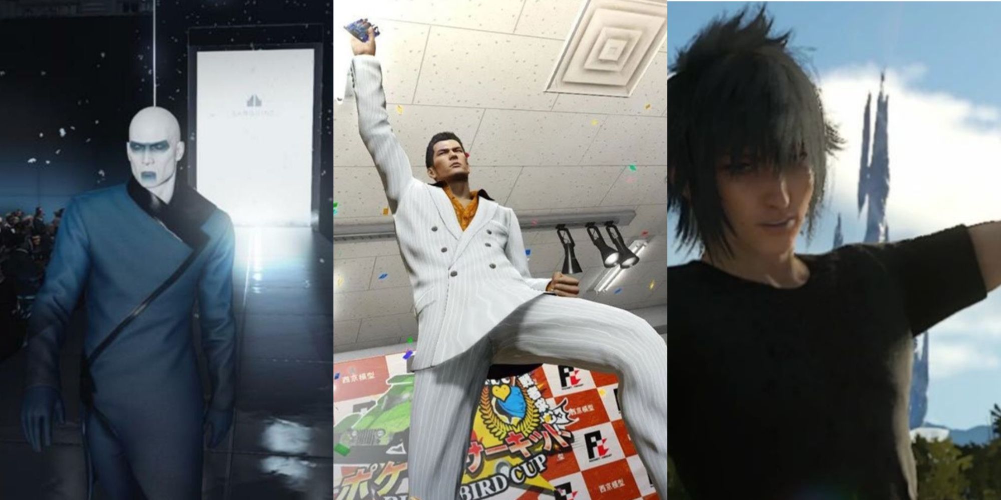 Agent 47 dressed as Helmut Kruger on the runway, Kiryu holding up his RC racecar, and Noctis smiling, left to right