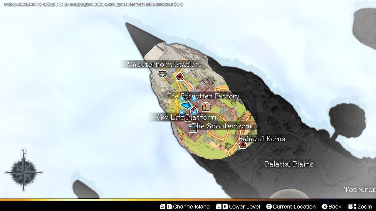 The location of a chest in the upper region of Paternoggin in Dragon Quest Treasures.