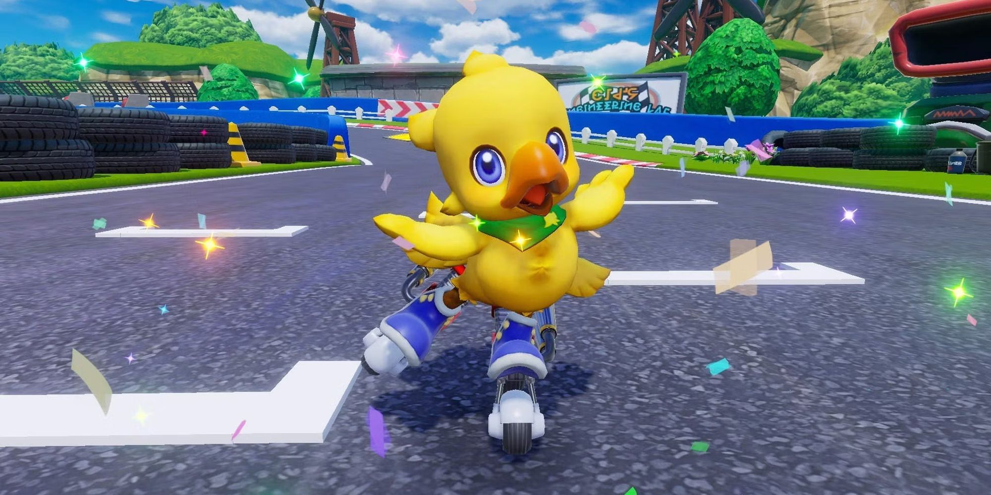 Chocobo (a little yellow chick-like bird) skating down a road.