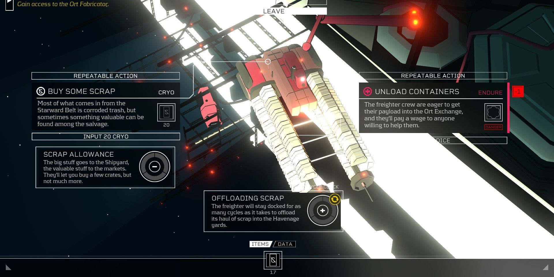 Screenshot of the Citizen Sleeper freighter yard