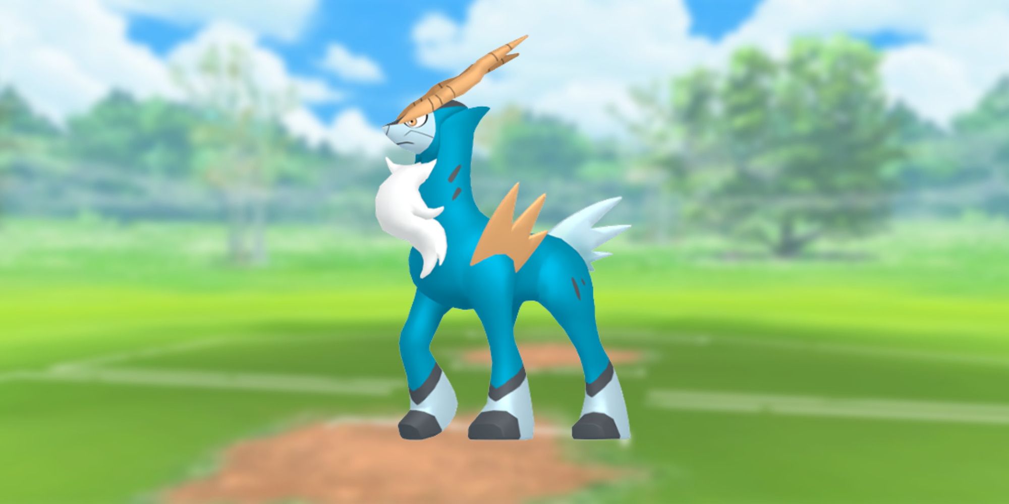 Cobalion from Pokemon with the Pokemon Go battlefield as the background