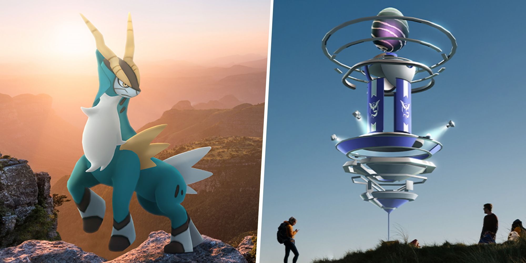 Image of Cobalion on a cliffside split with an image of a Pokemon Go Raid with people around it