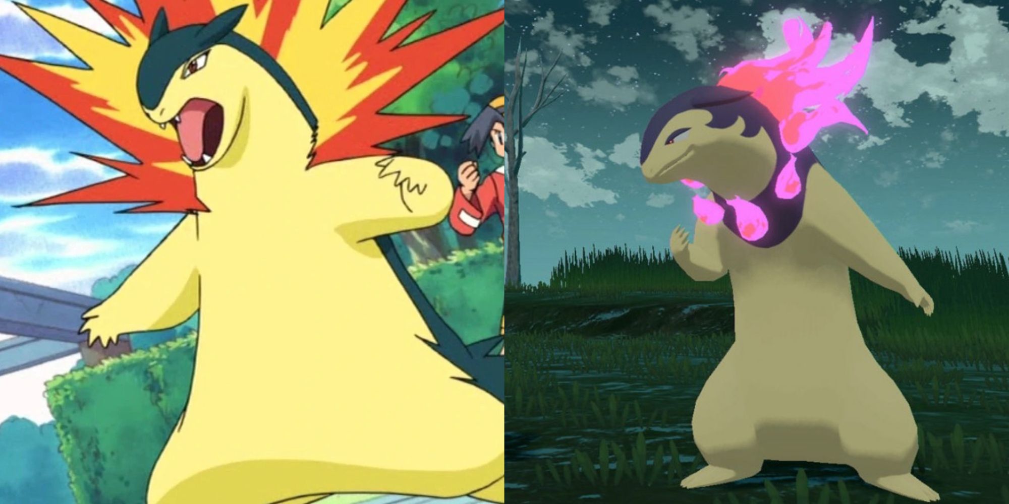 Anime Typhlosion roaring in battle, Hisuian Typhlosion chilling at night in Legends: Arceus