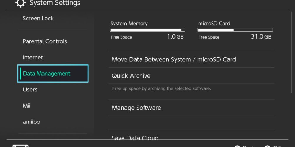 The user goes to the Data Management tab and considers what they must do with their save files on the Nintendo Switch.