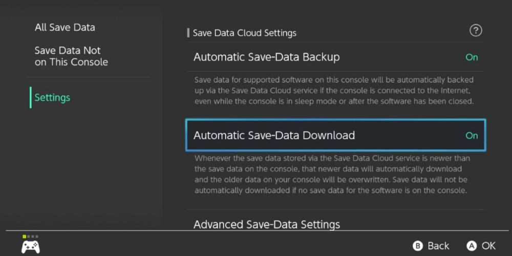 The player turns on the automatic save-data download feature on the Nintendo Switch.