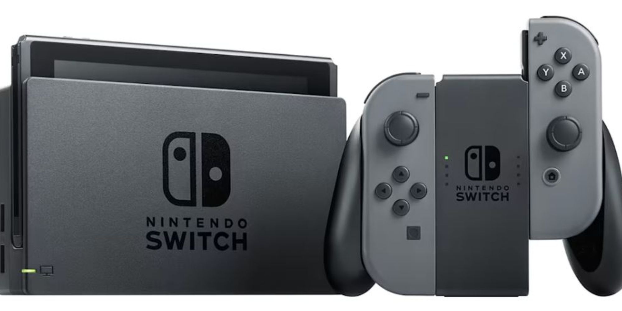 The Nintendo Switch is inside the dock as the gray Joycons are connected to the console.