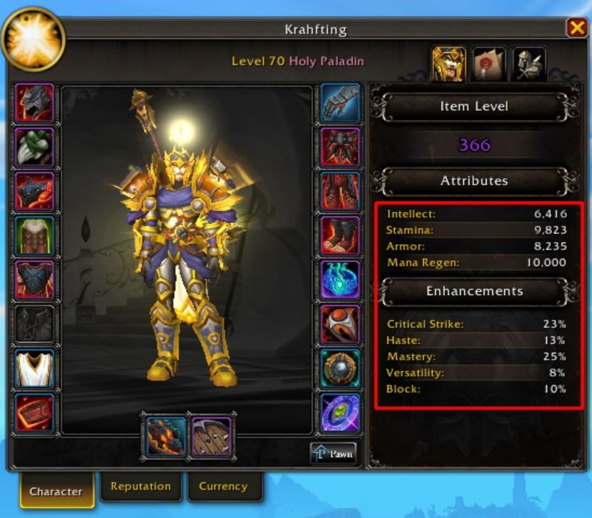 Holy Paladin Stats Screen in World of Warcraft Dragonflight.