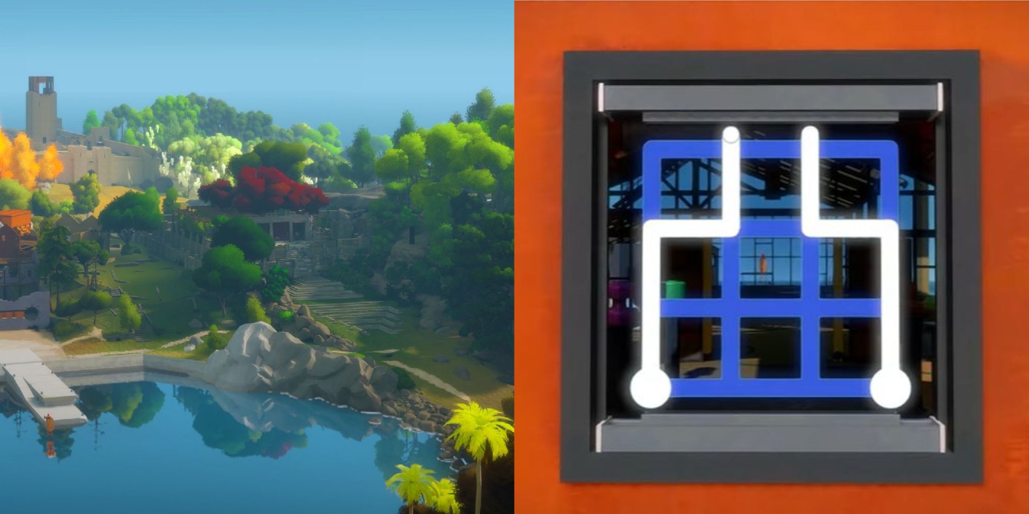Split image of the island's exterior view and a symmetry puzzle from The Witness.