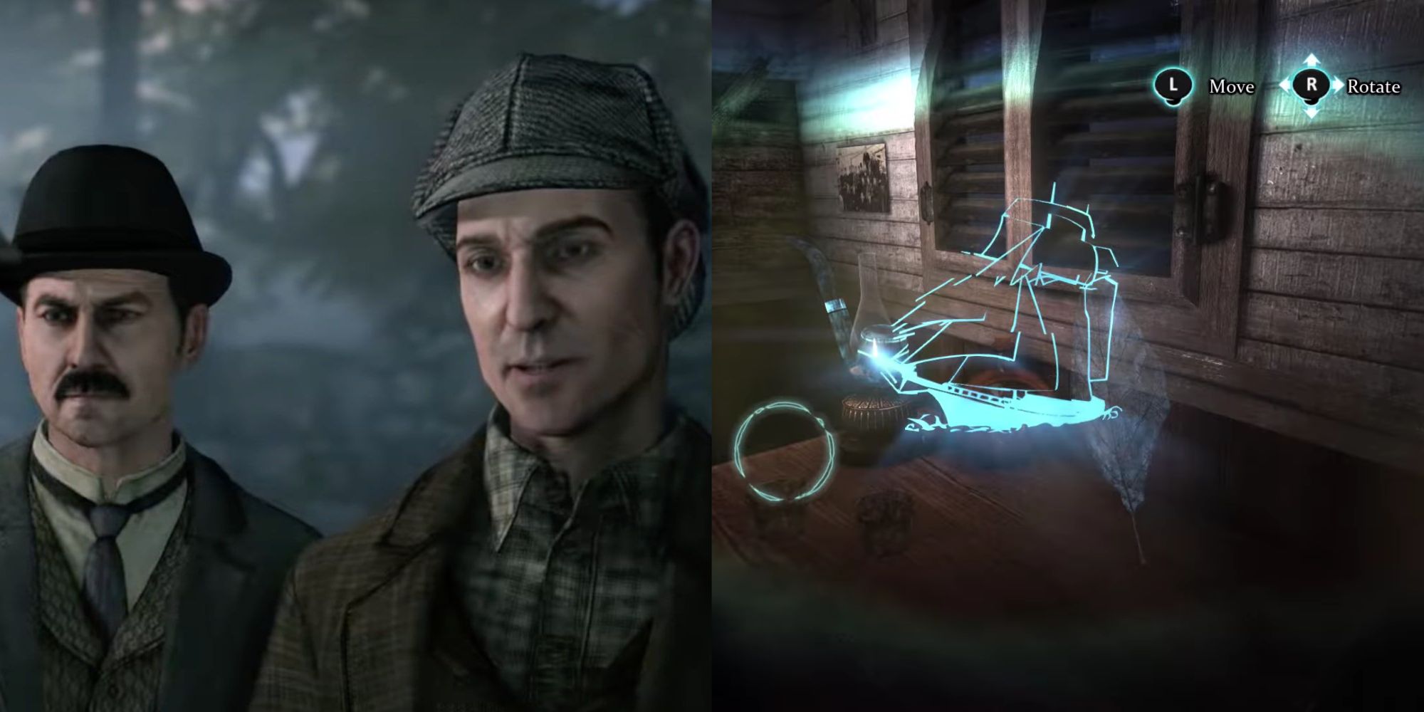 A split image of Holmes and Watson and a puzzle being solved by a player in Crimes and Punishments.