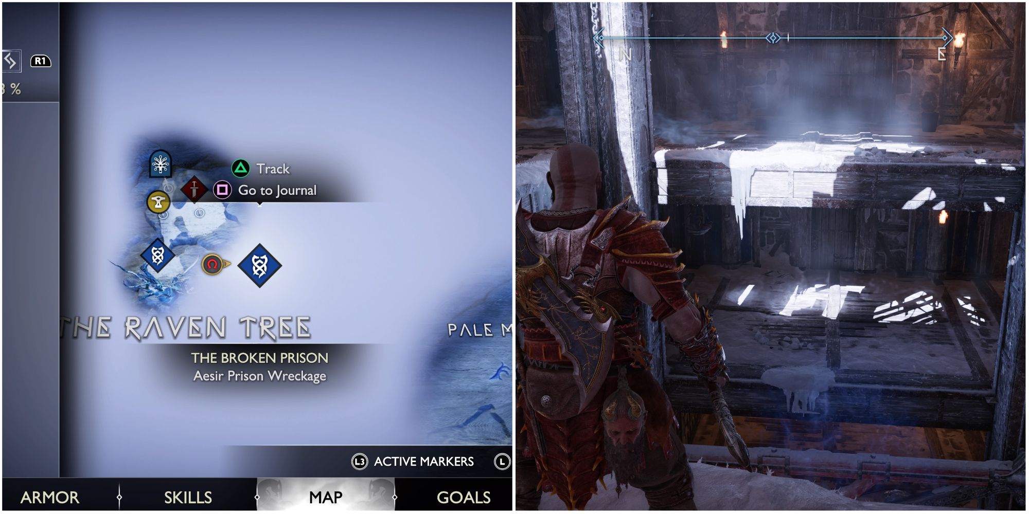 Split image showing Kratos inside the prison.