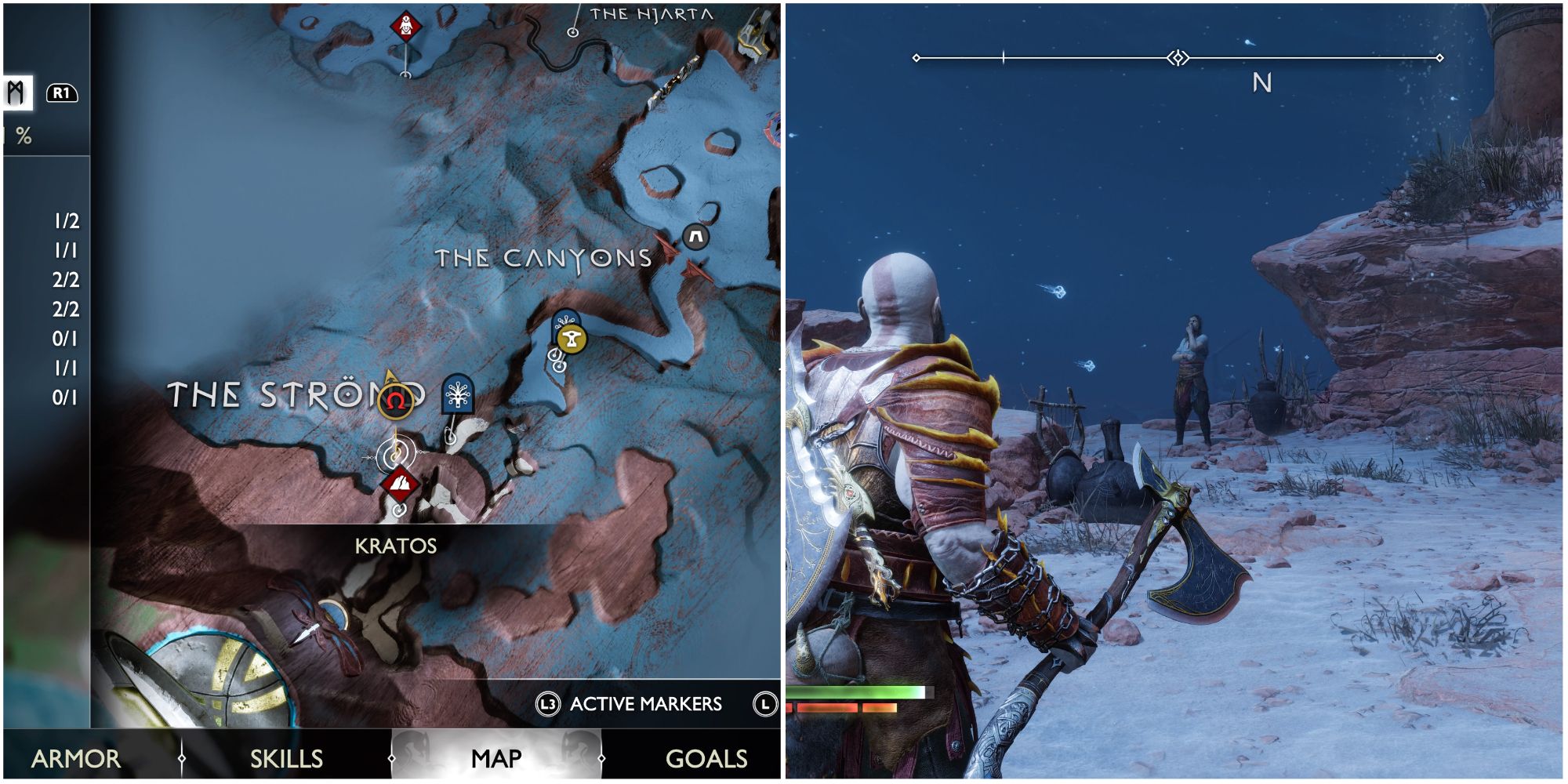 Split image showing Tyr in Alheim.