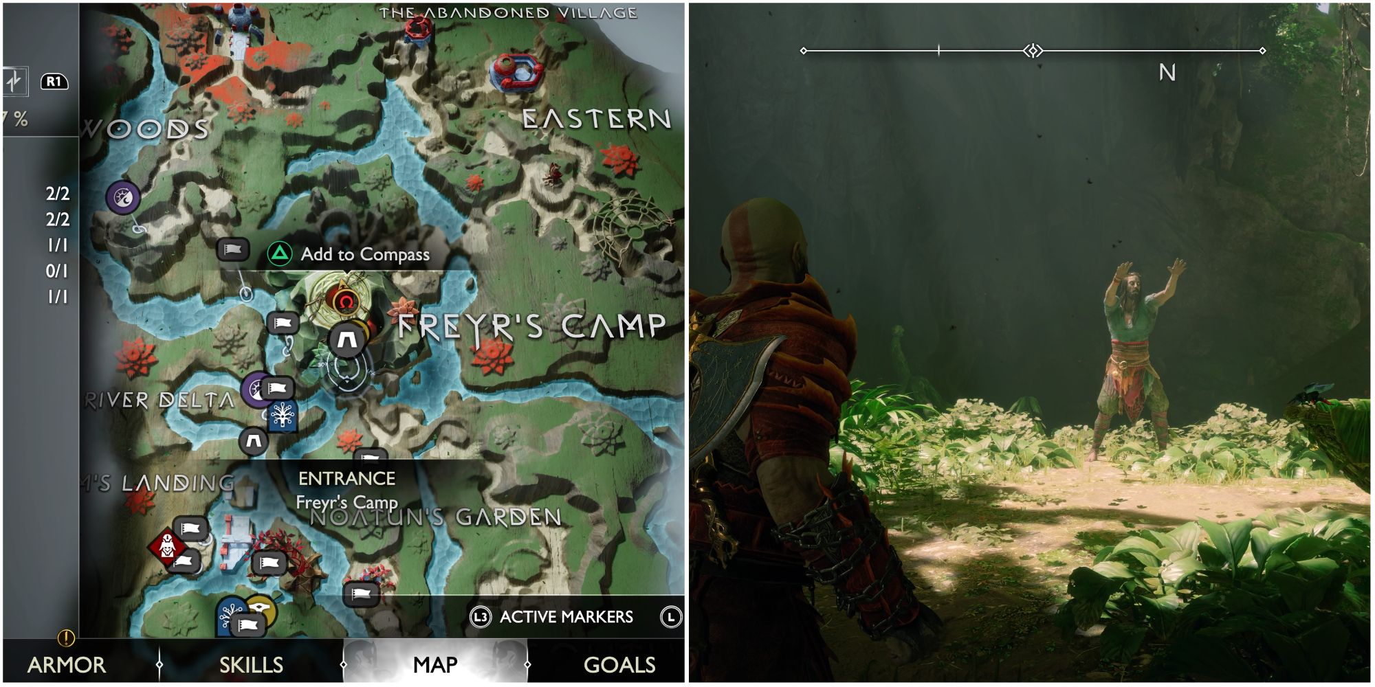 Split image showing Tyr in Vanaheim.