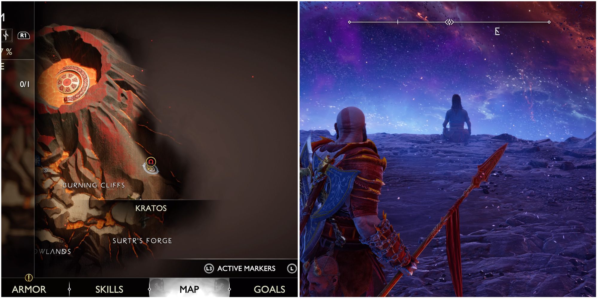 Split image showing Tyr in Muspelheim.