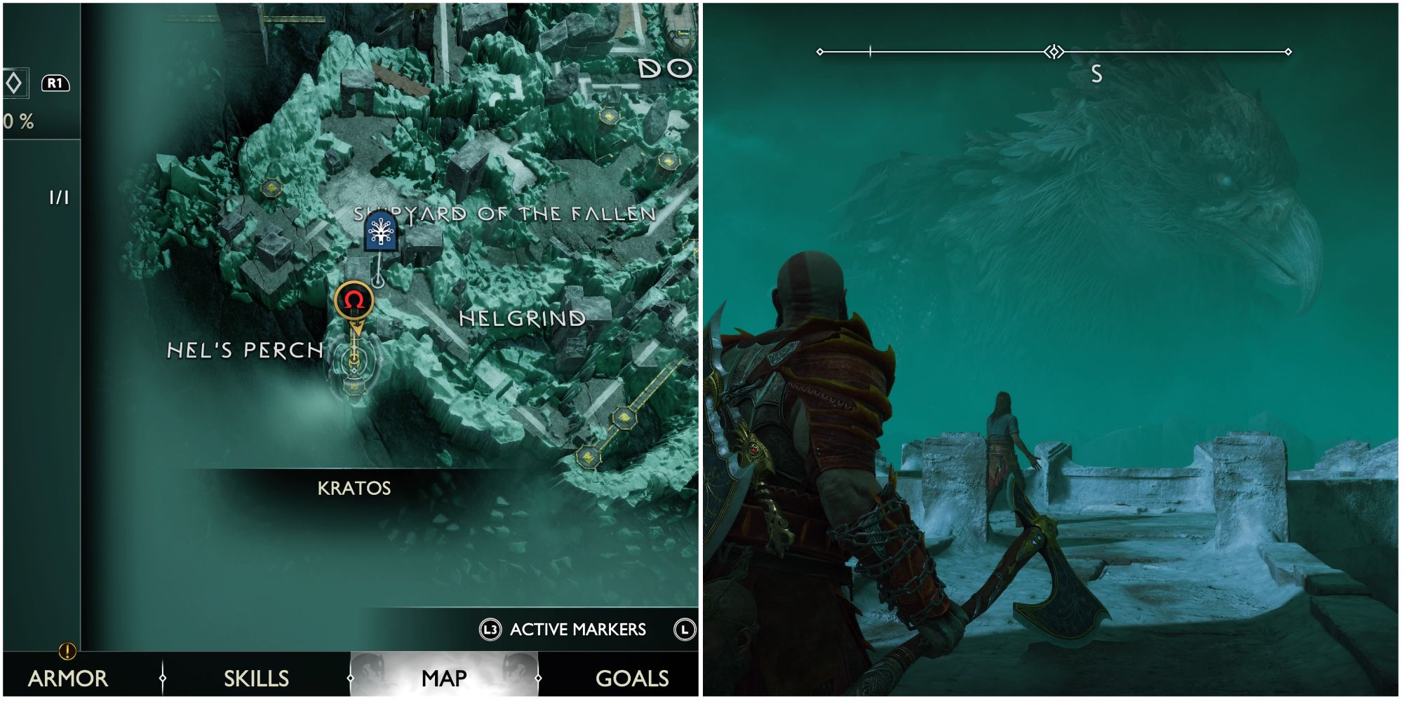 Split image showing Tyr in Helheim.