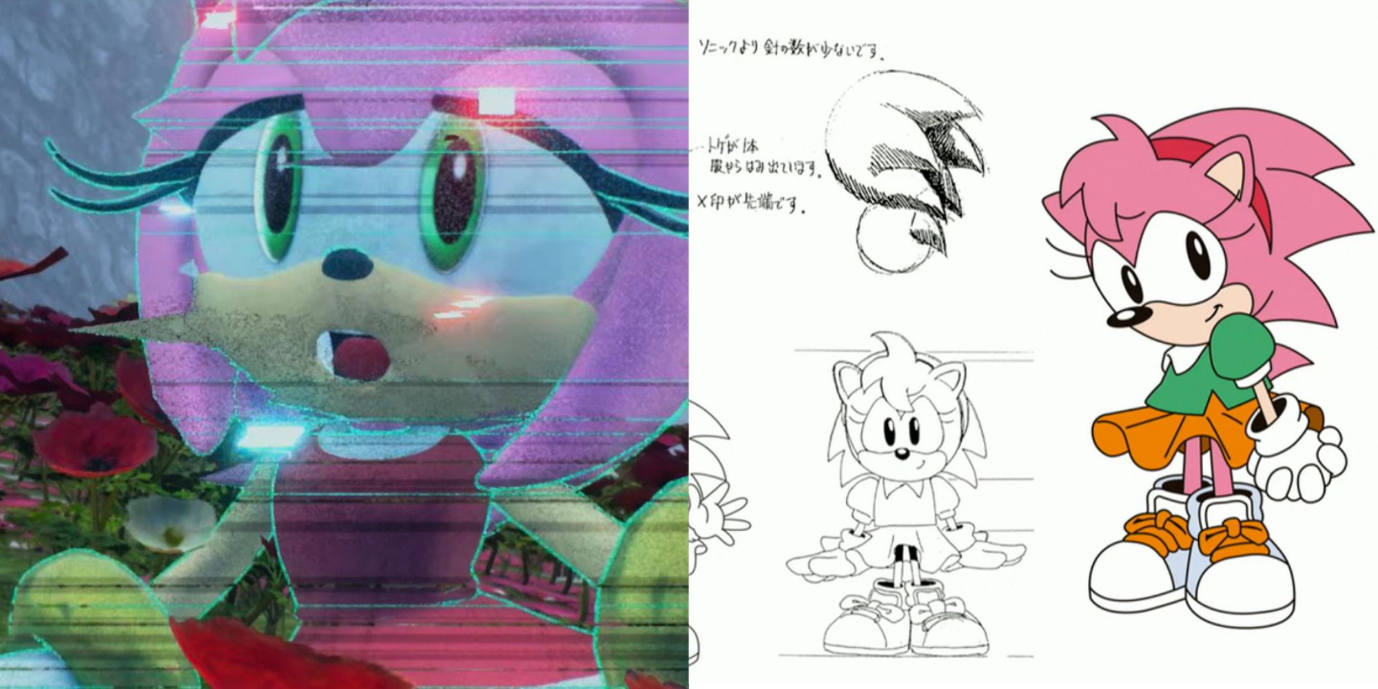 Amy Rose's modern design as she appears in Sonic Frontiers, positioned next to her original design in Sonic CD with a green and orange dress and matching sneakers..