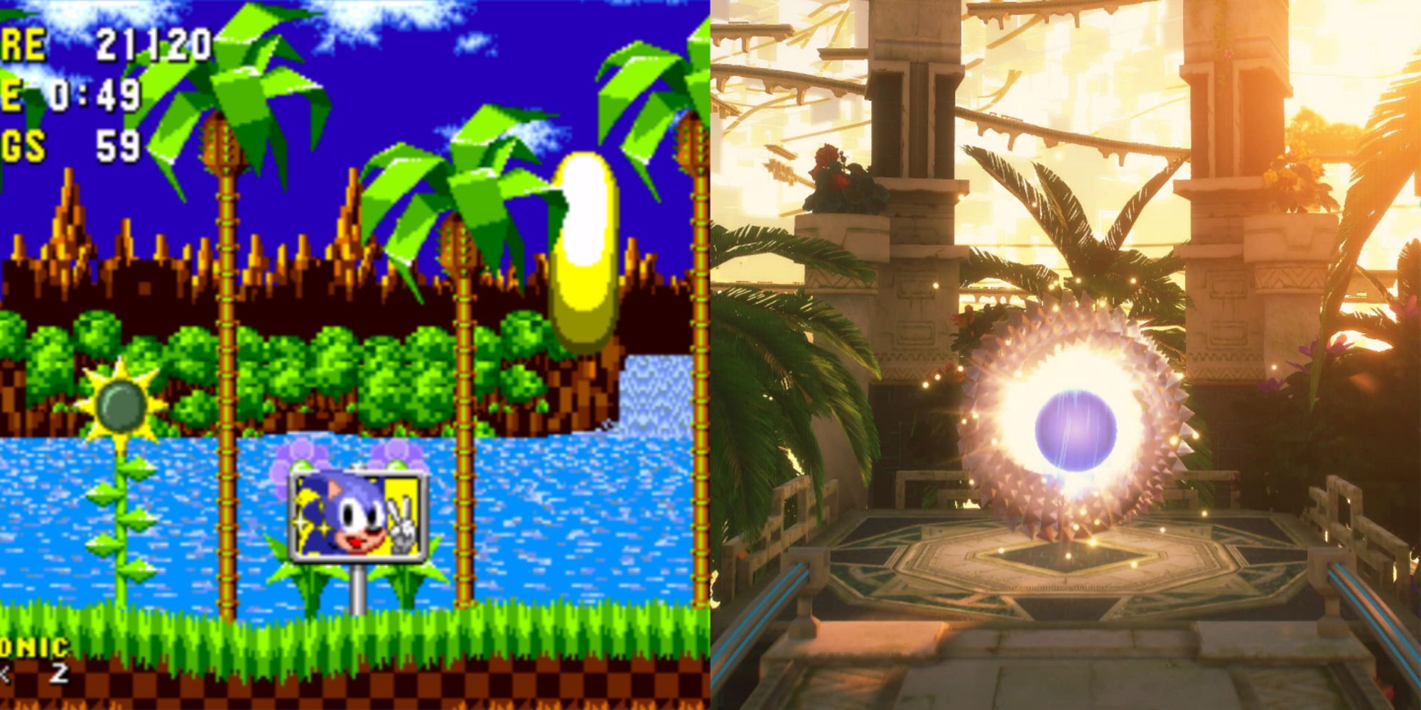 A sign post from Sonic the Hedgehog 2 and a Cyberspace exit portal from Sonic Frontiers, both of which signify the end of a stage in the series.