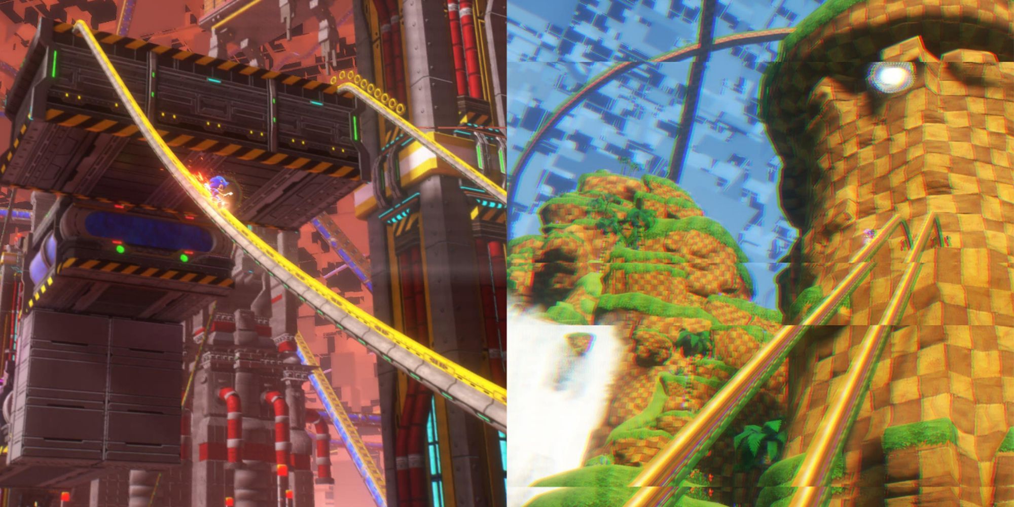 The bold red and blue Chemical Plant and sunny Green Hill Zone in Sonic Frontiers.