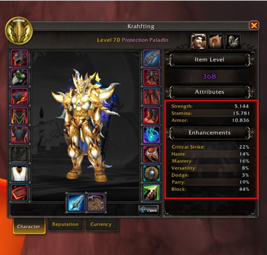 World Of Warcraft Dragonflight Protection Paladin Stats Page In Game