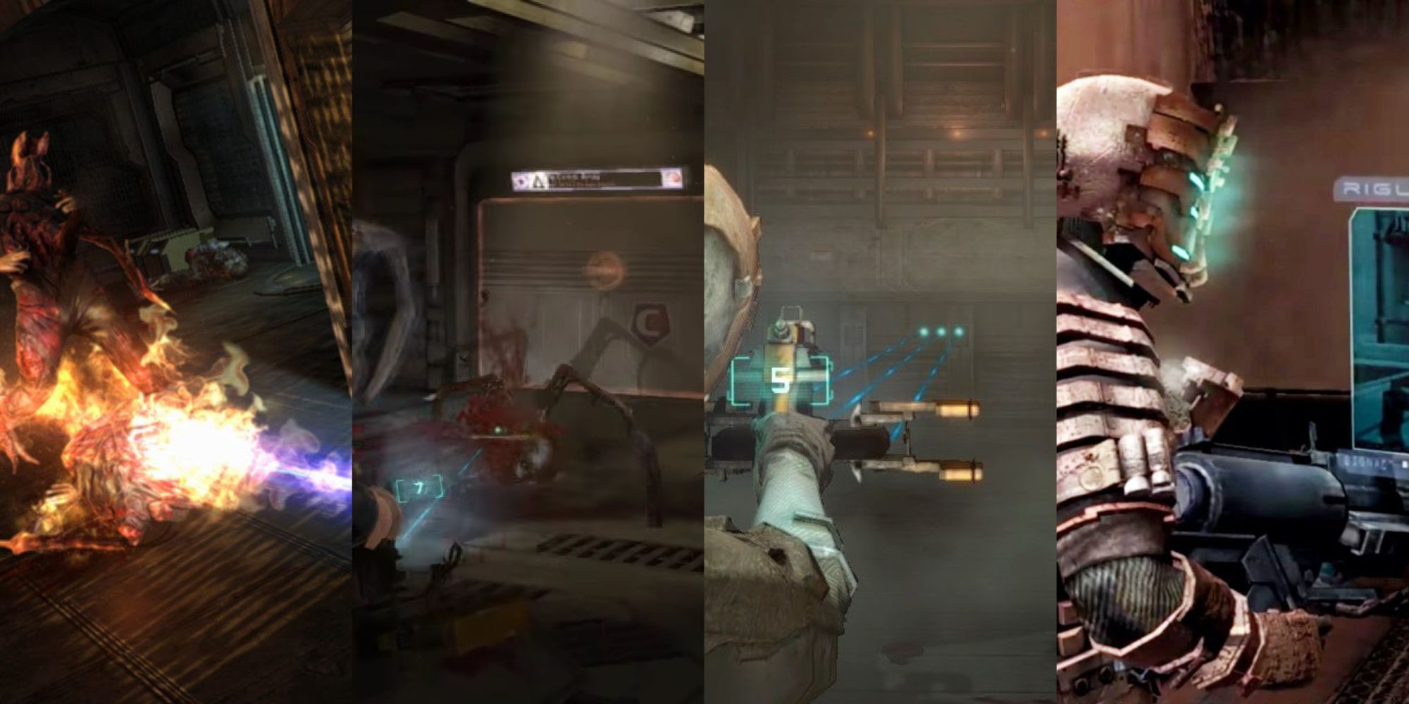 A collage of the cool variety of weapons from Dead Space, including the plasma cutter, flame thrower, ripper, and pulse rifle.