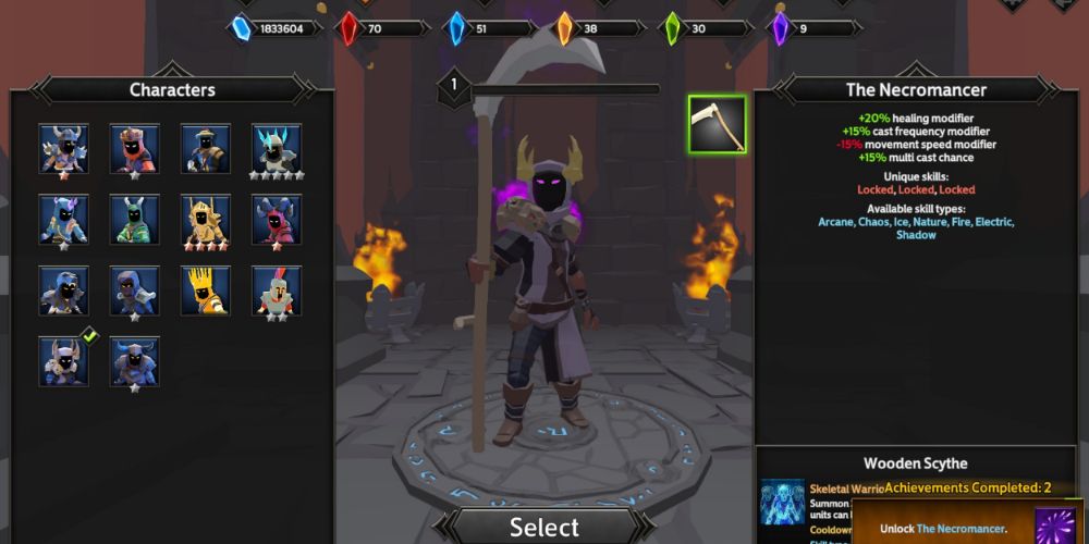 The player unlocked every class, such as The Necromancer, Death Knight, Elementalist, and more in Soulstone Survivors.