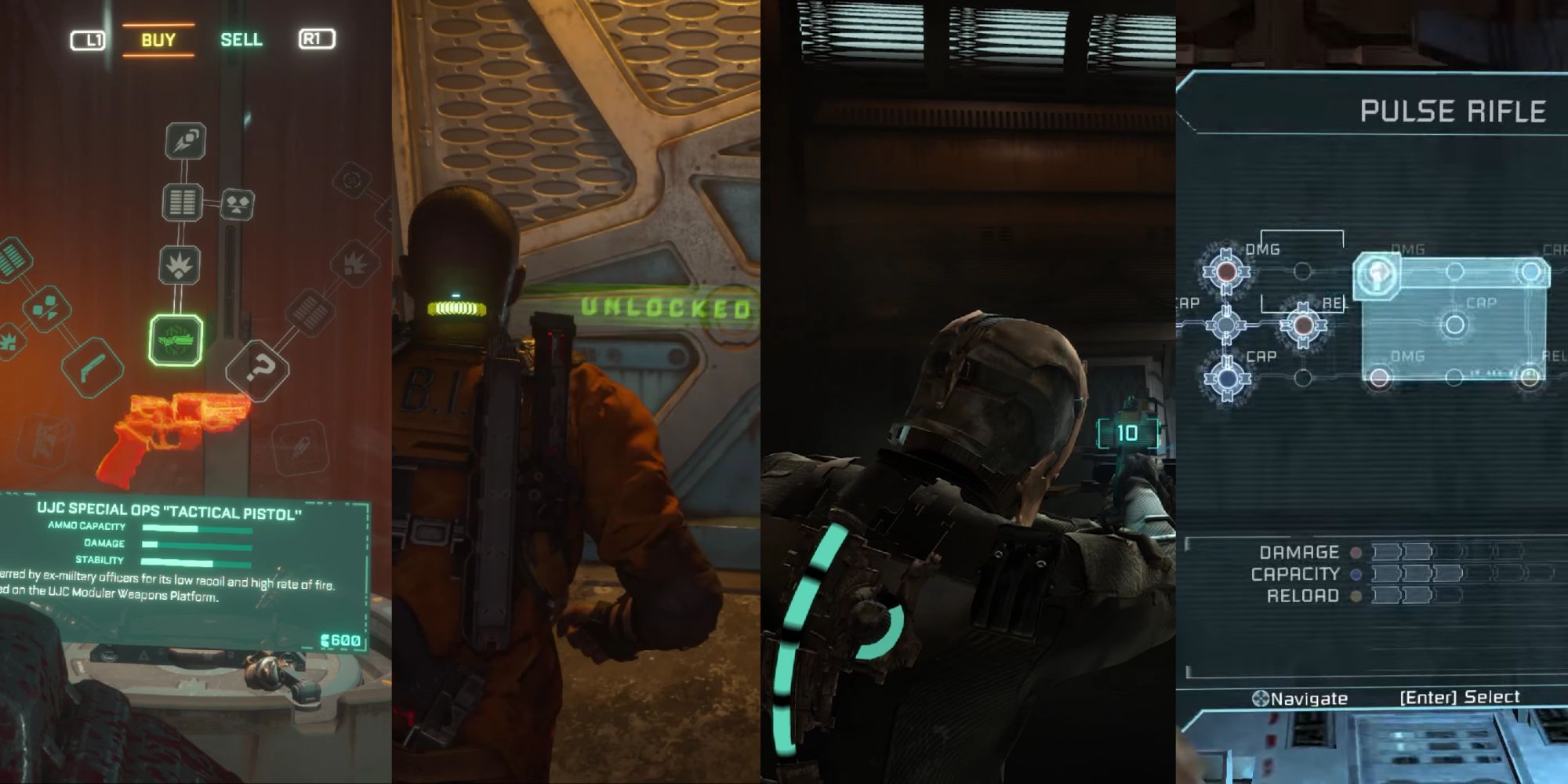 A collage of four images contrasting the UI features between The Callisto Protocol and Dead Space, focusing on upgrading and health bar system.