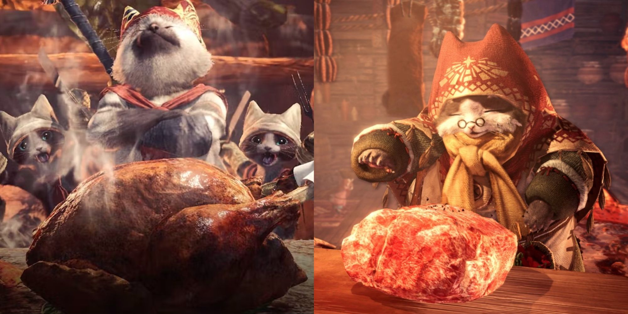 The Meowscular Chef proud of his turkey, Grammeowster Chef lovingly seasoning some meat