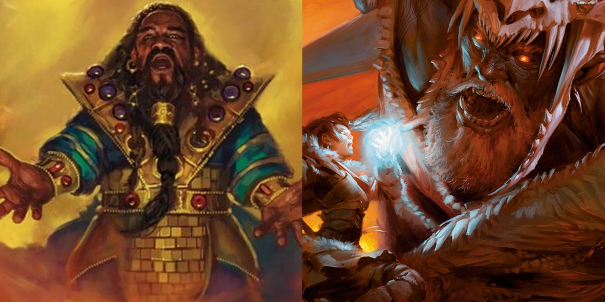 Two images of spellcasters, one surrounded in flames and one about to fight a giant monster