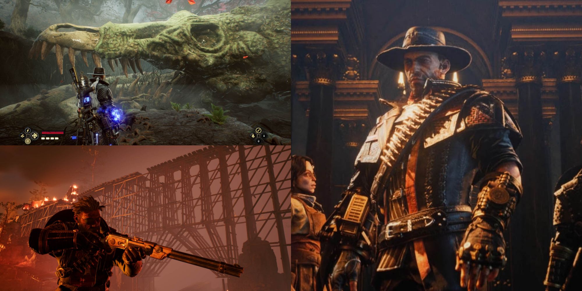 A collage of Evil West images featuring Jesse, Edgar, and a giant alligator skull