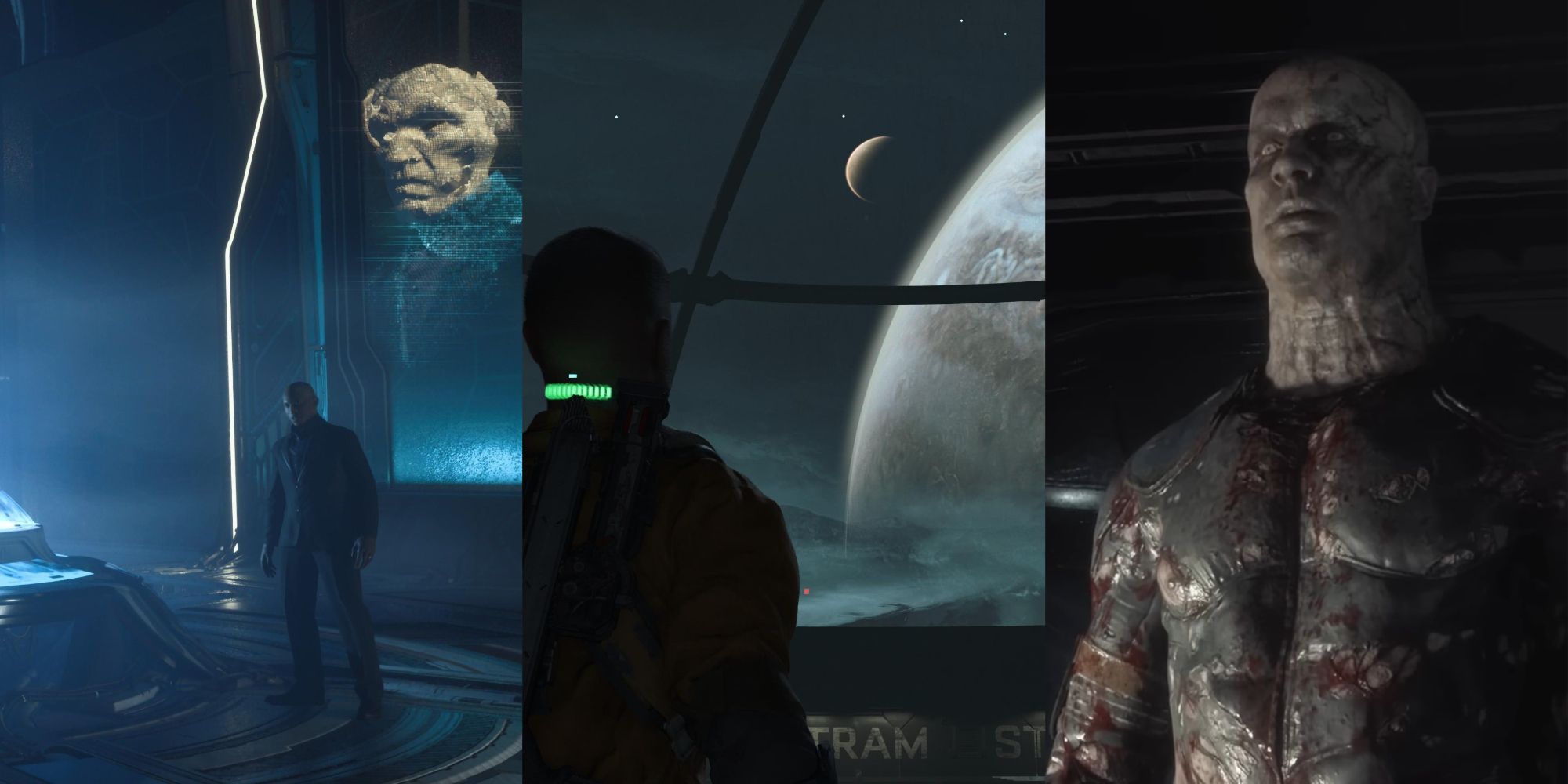 Split image collage of the warden holding a meeting with The Commonality, Jacob overlooking Jupiter and a distant moon, and Ferris as the Alpha form in The Callisto Protocol