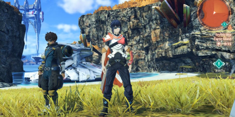 Noah stands in a field with the Incursor class while Taion wears the War Medic class in Xenoblade Chronicles 3.