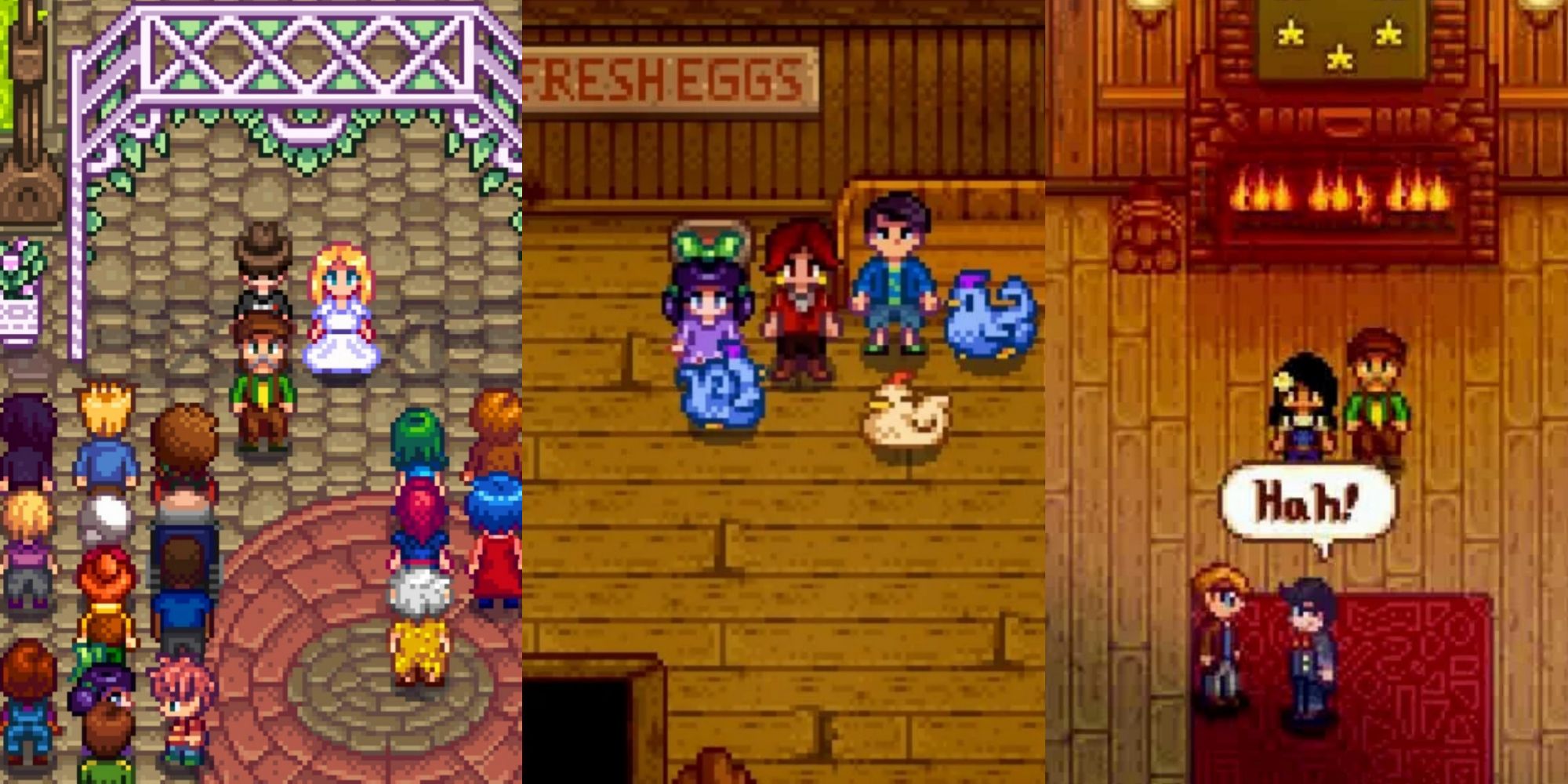 Three stardew valley images of different cutscenes, one of a wedding, one of shane's barn, and one of the inside of the community center