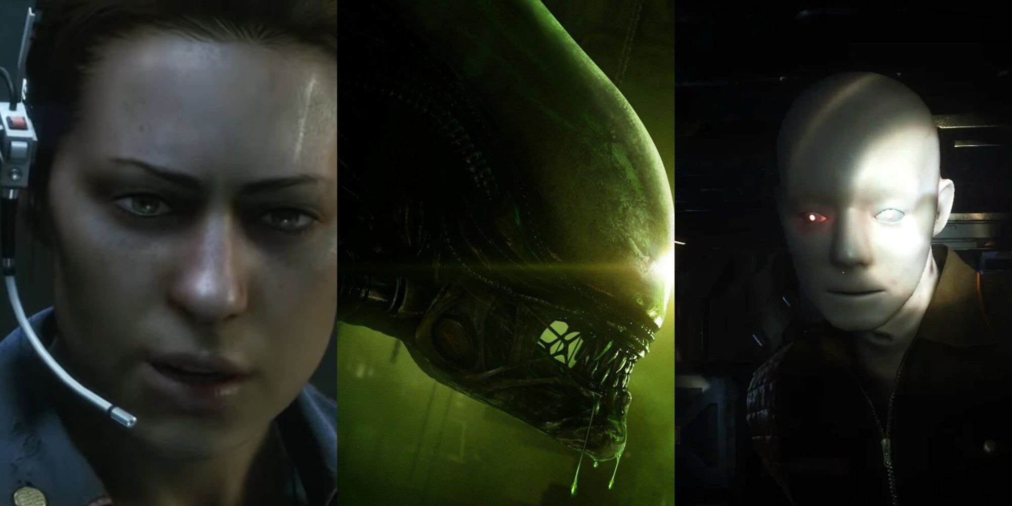 Three-panel split image of Amanda Ripley with a comms headset on, the xenomorph from the game's poster, and a menacing Working Joe.