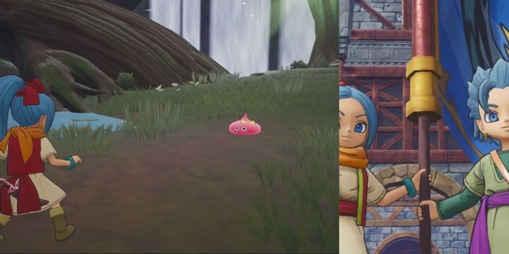A collage of Mia finding a Cutie Slime and Erik and Mia creating their treasure hunting base.