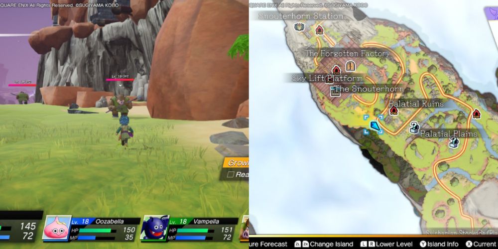 A collage of an Orc and its location in Dragon Quest Treasures.