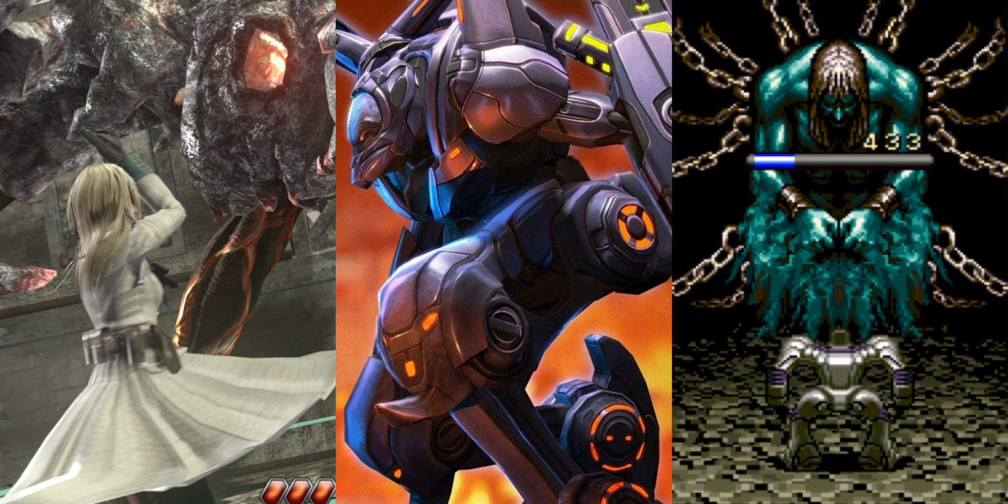 Characters from Resonance of Fate, XCOM, and 7th Saga facing their respective enemies