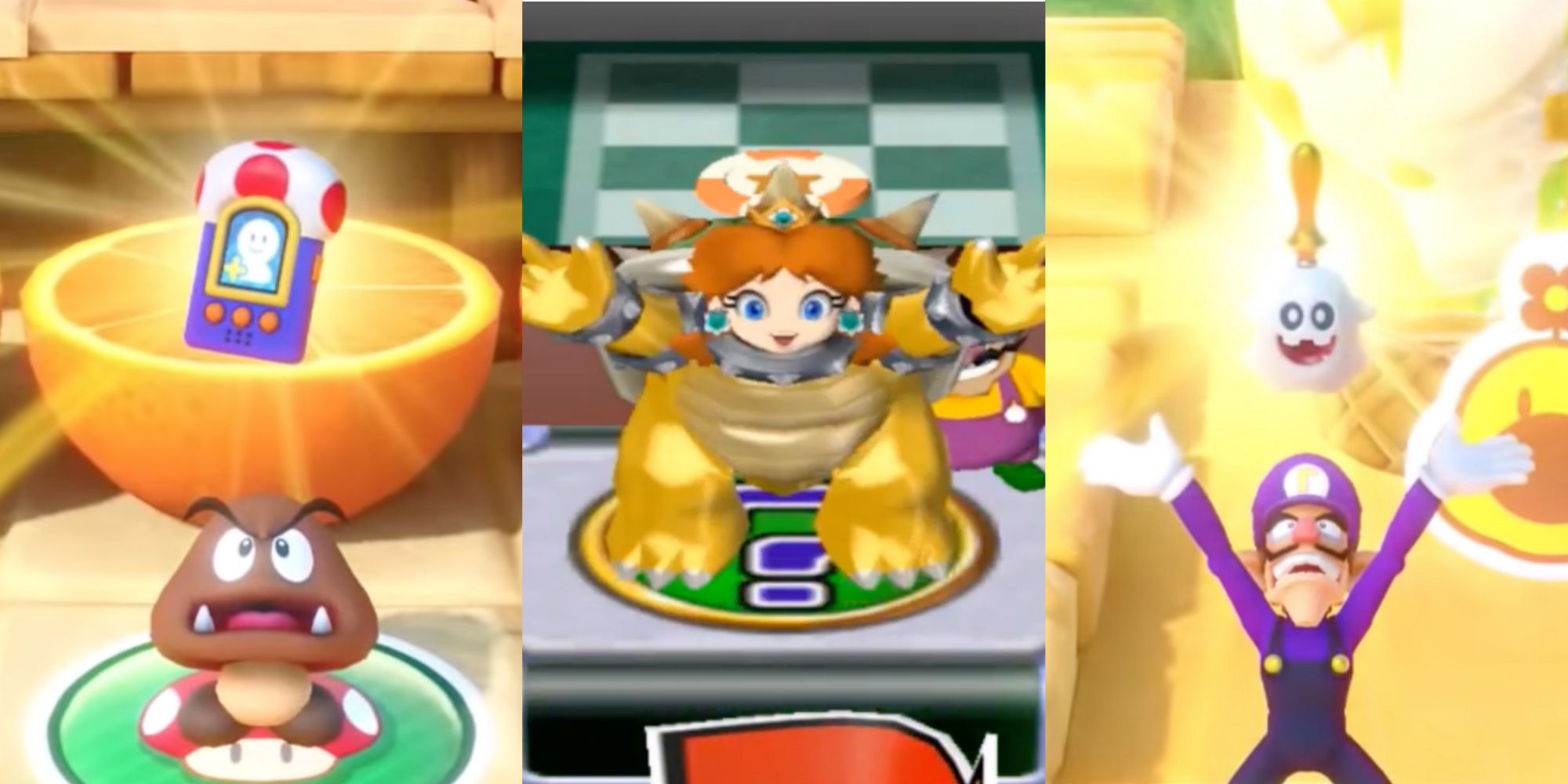 X Mario Party Items You'll Want To Steal From Your Opponents This Christmas Featuring Goomba with Ally Phone, Daisy with Bowser Suit, and Waluigi with Peepa Bell