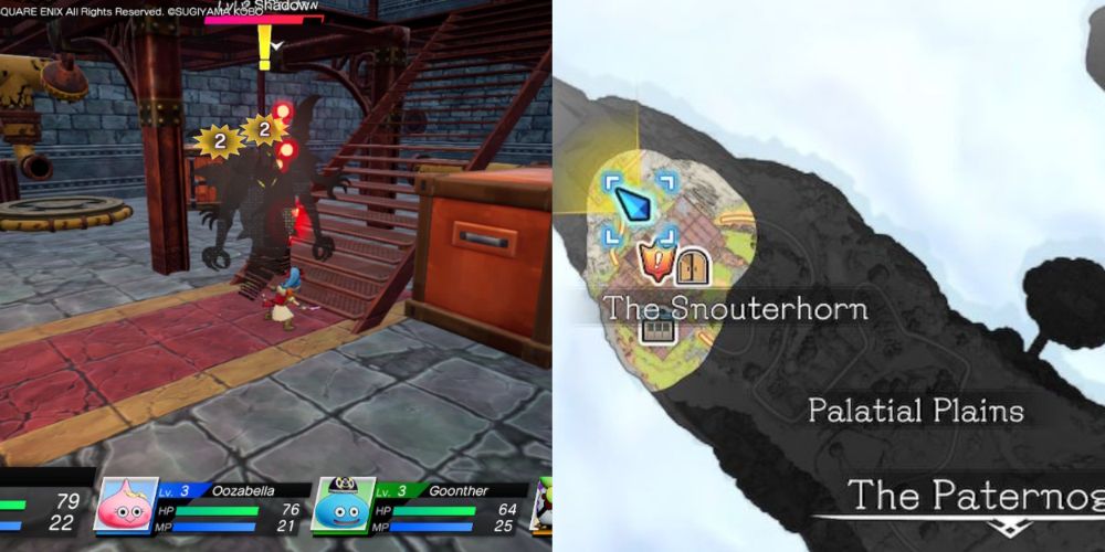 A collage of Mia fighting a Shadow while showing its location on the map in Dragon Quest Treasures.