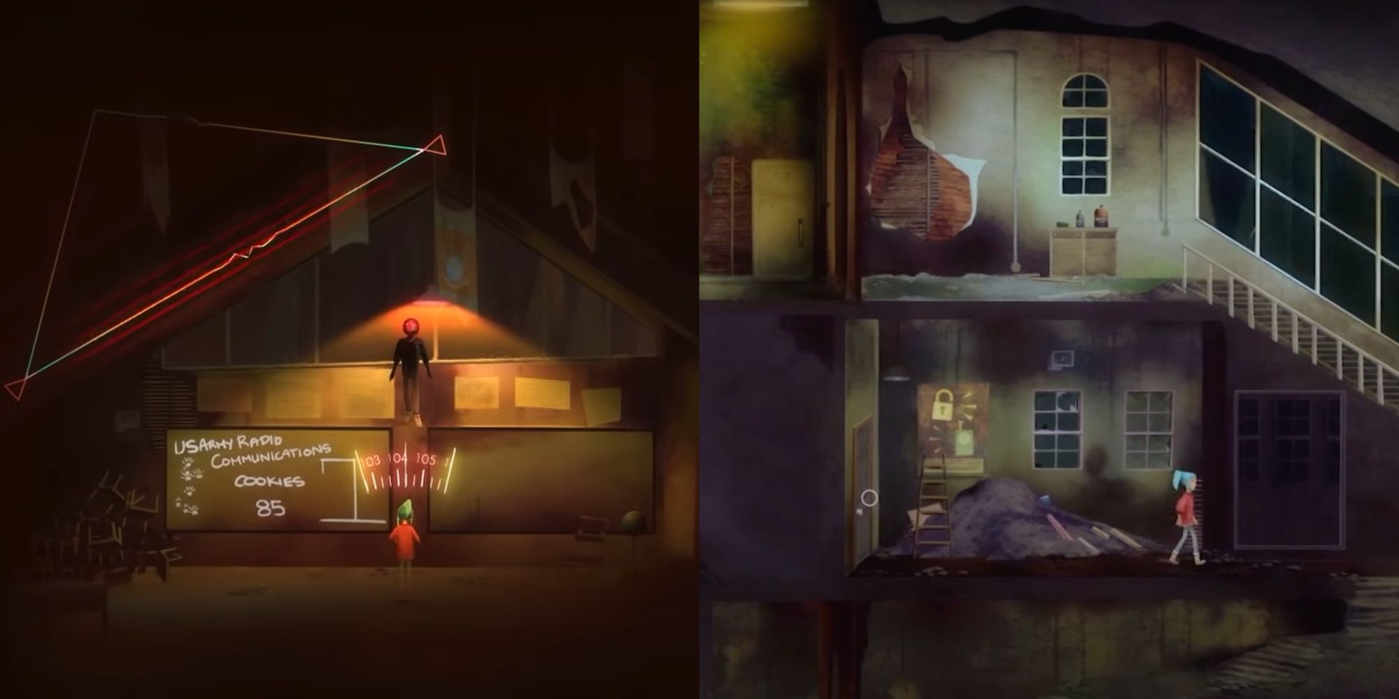 Dual images of Jonas getting possessed in Oxenfree and Alex walking through a decrepit building.