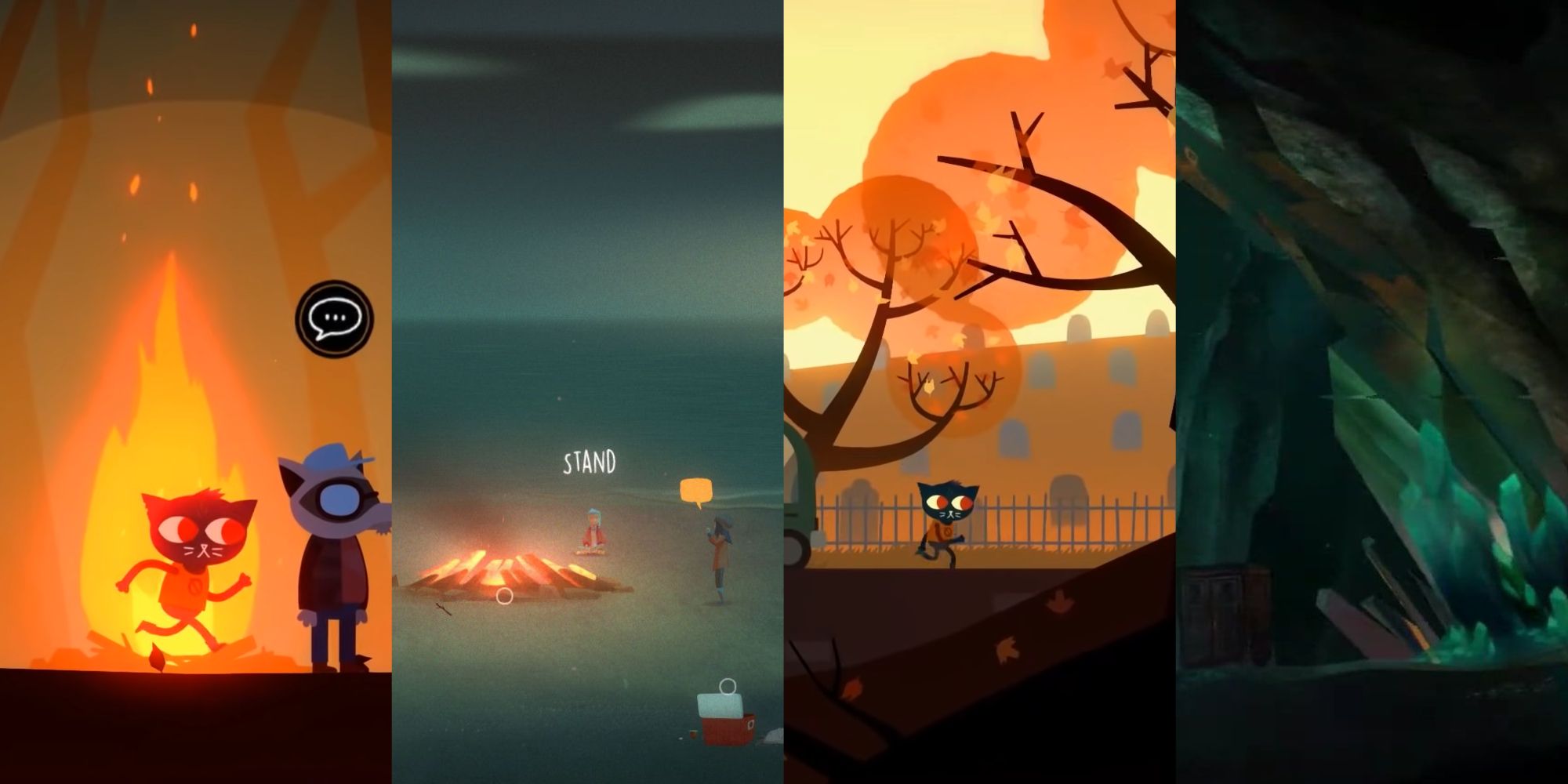 A collage of four images highlighting the similarities and differences between the art style of Oxenfree and Night in the Woods.