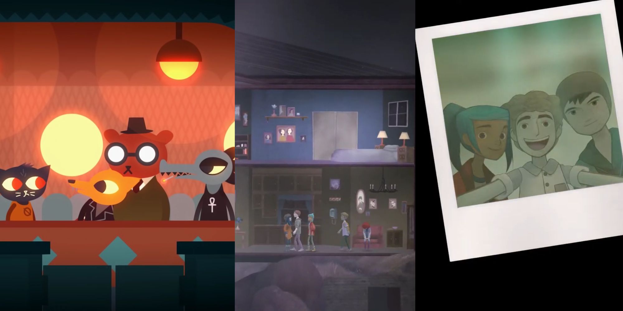 Split images of Mae and her friends in Night in the Woods and Alex and her friends in Oxenfree, including a selfie close-up photo of their faces.