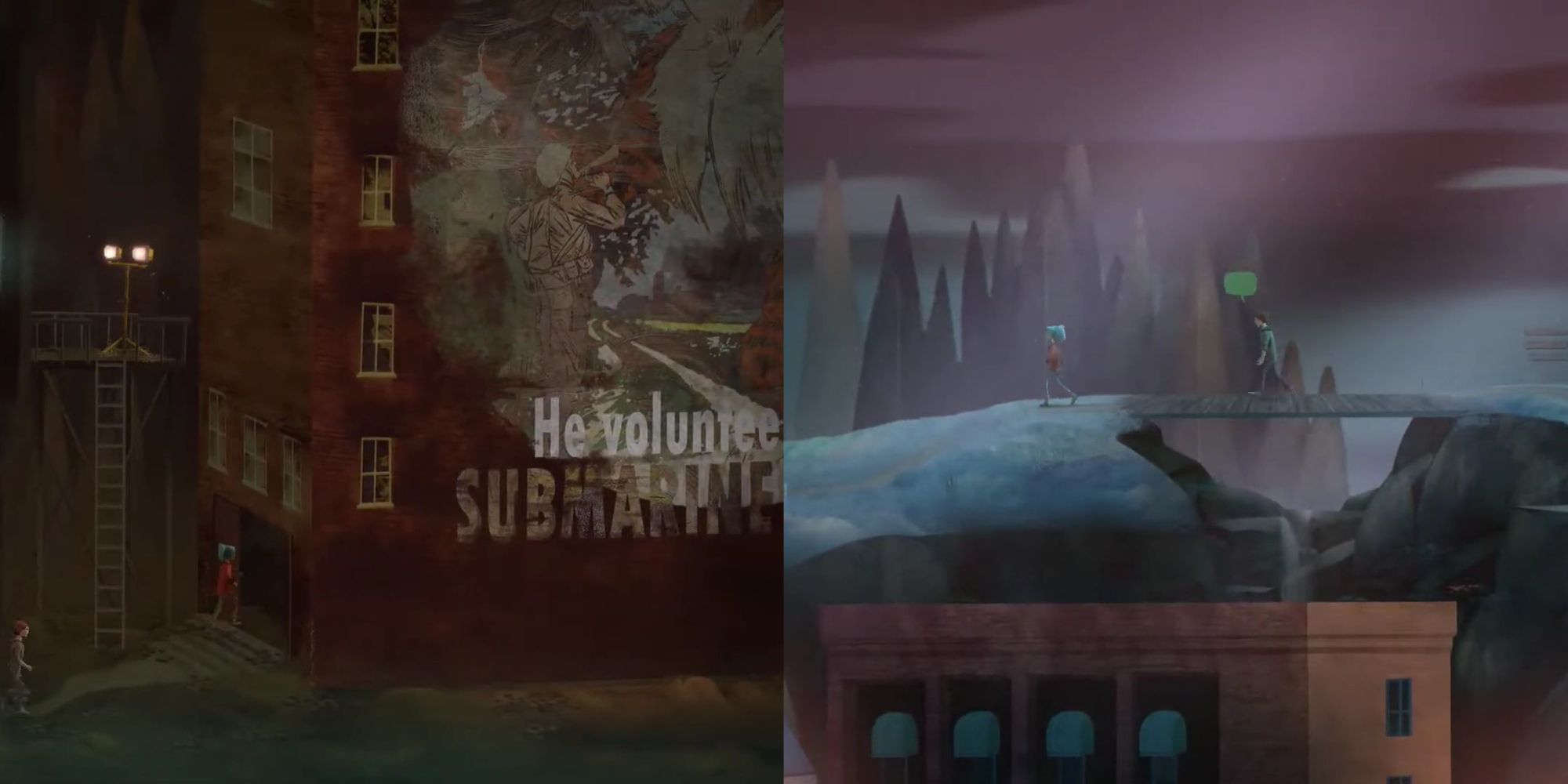 Split image of environmental storytelling with the submarine propaganda on a building and Alex going across a bridge.