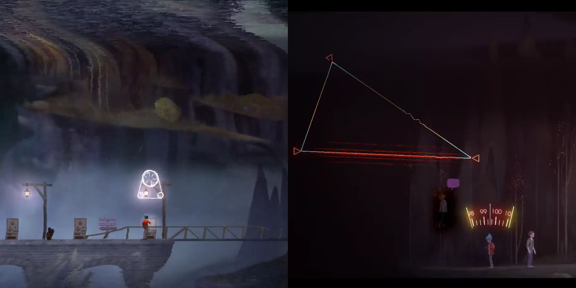 Two images of the mechanics in Oxenfree, one demonstrating the winding mechanic and the other tuning the radio to create a rift.