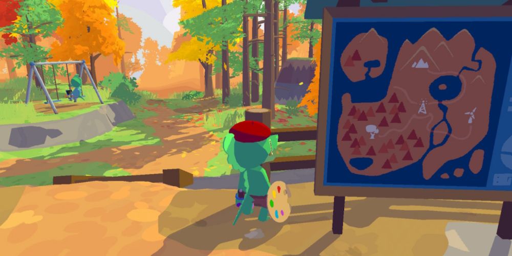 The  protagonist checks the map to learn the island landmarks in Lil Gator Game.
