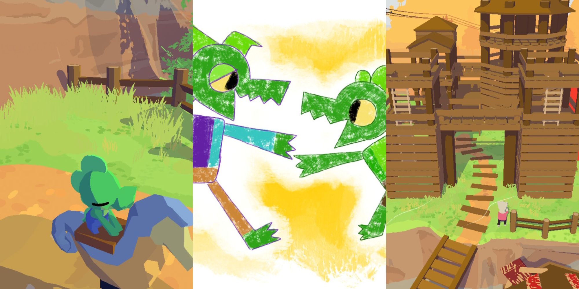 A collage of the player on a rocking toy, a drawing of them and their sister, and the playground in Lil Gator Game.