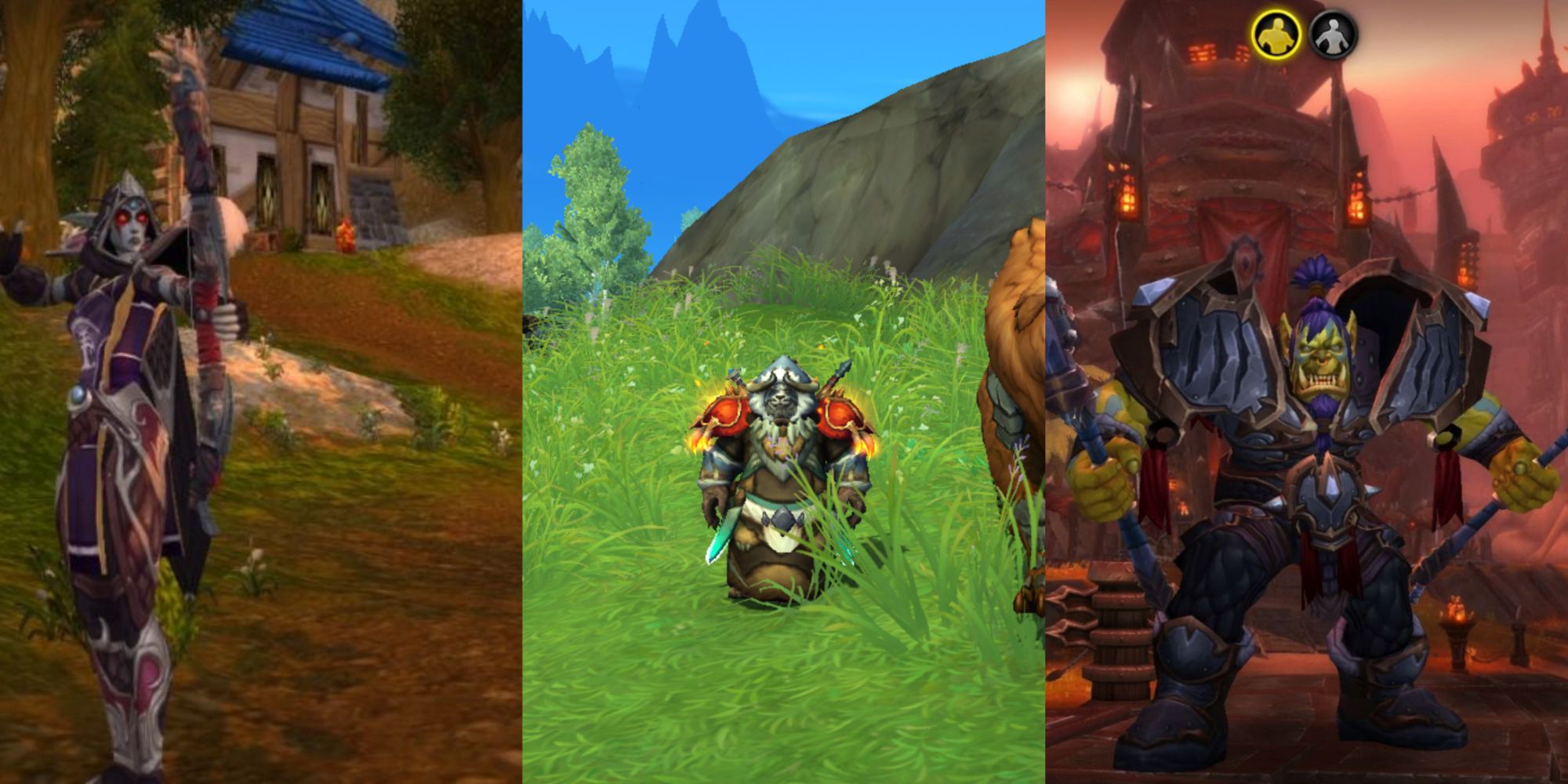 World of Warcraft best solo classes collage featuring hunter, monk, and warrior