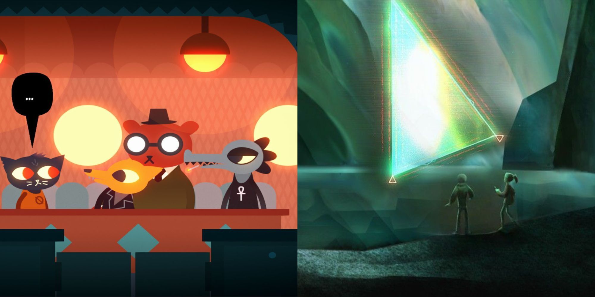 Split image of Mae conversing with her friends in Night in the Woods and the title art for Oxenfree showcasing the interdimensional rift.